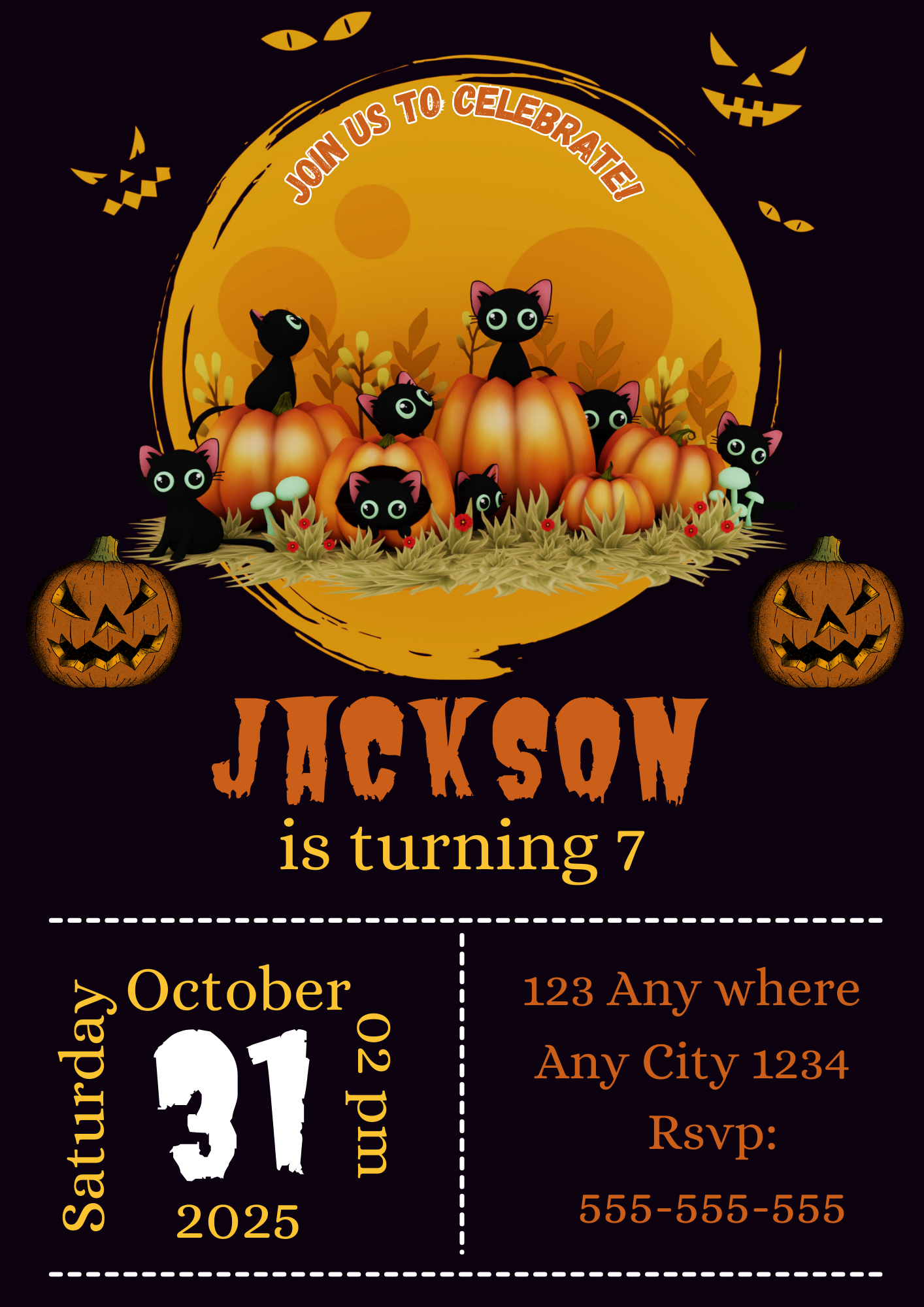 Bat Cat Halloween Birthday Party Invitation - CreativeRino
