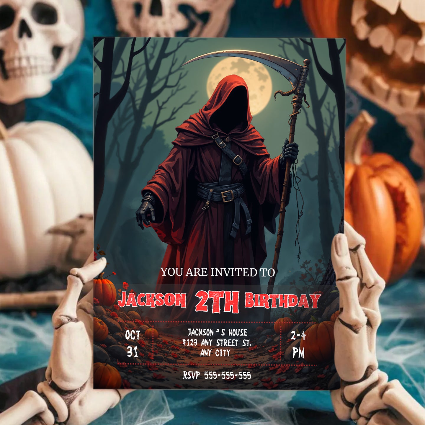 Grim Reaper Halloween Birthday Invitation - CreativeRino