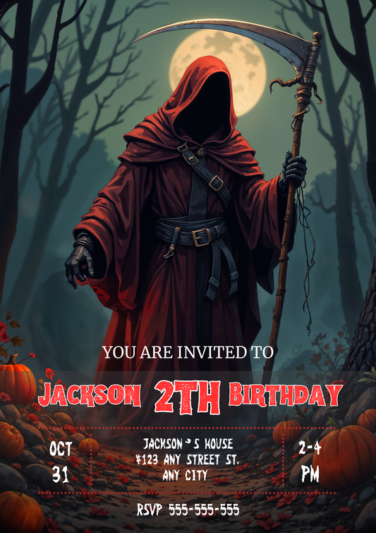 Grim Reaper Halloween Birthday Invitation - CreativeRino