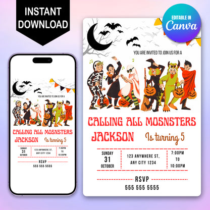 Calling All Monsters Halloween Birthday Invitation - CreativeRino
