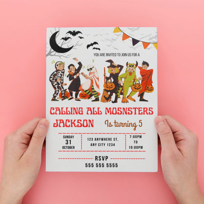 Calling All Monsters Halloween Birthday Invitation - CreativeRino