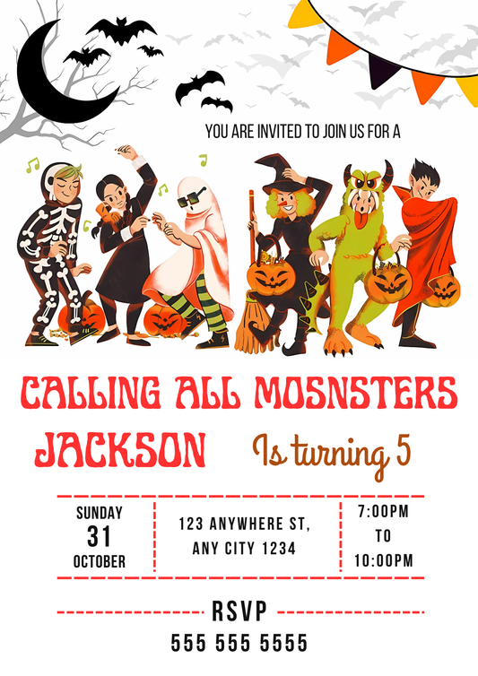Calling All Monsters Halloween Birthday Invitation - CreativeRino