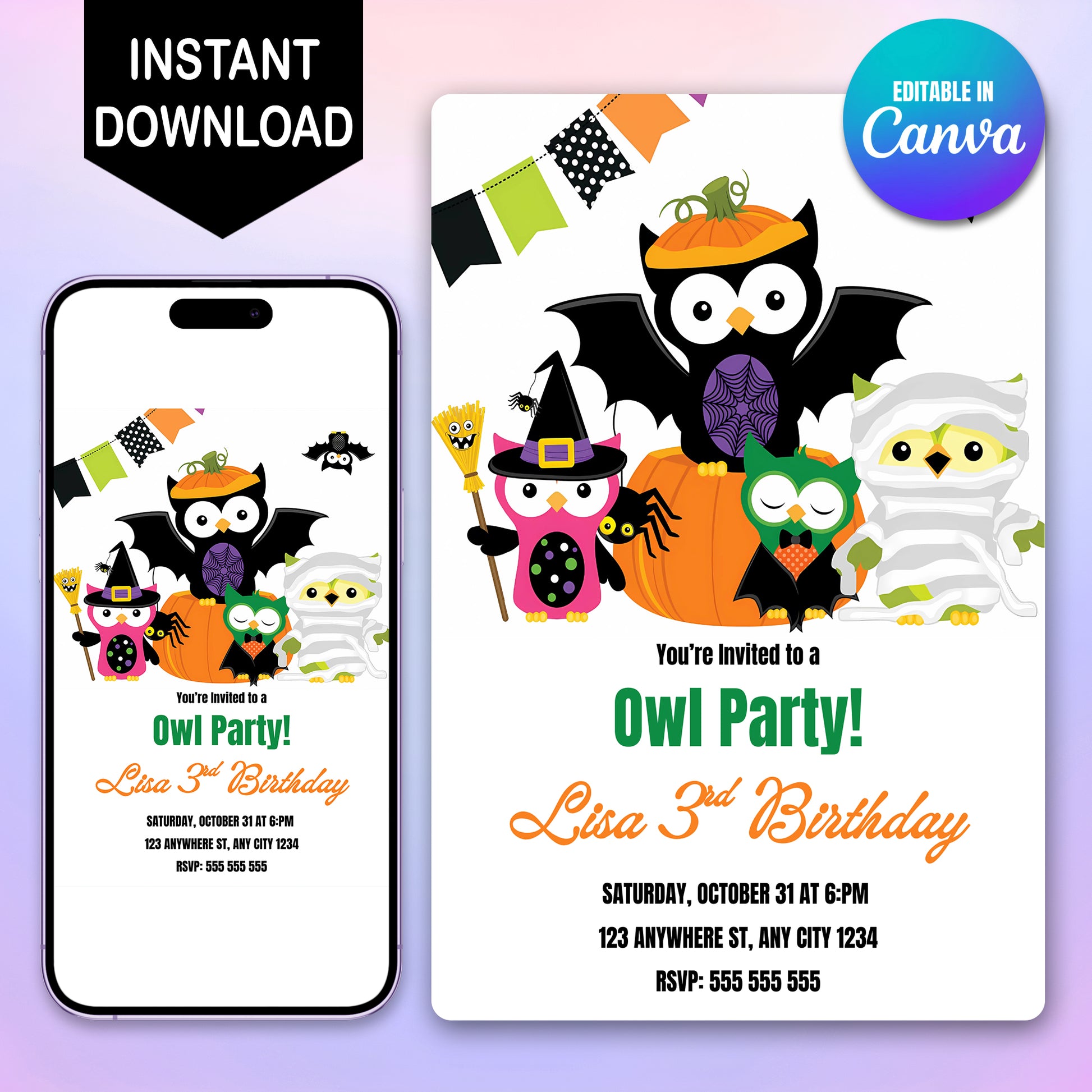 Owl Halloween Birthday Invitation - CreativeRino