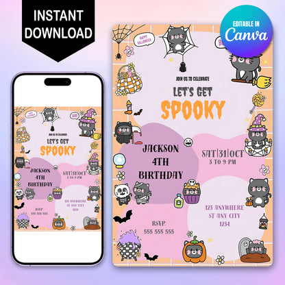 Bat Cat Halloween Birthday Party Invitation - CreativeRino