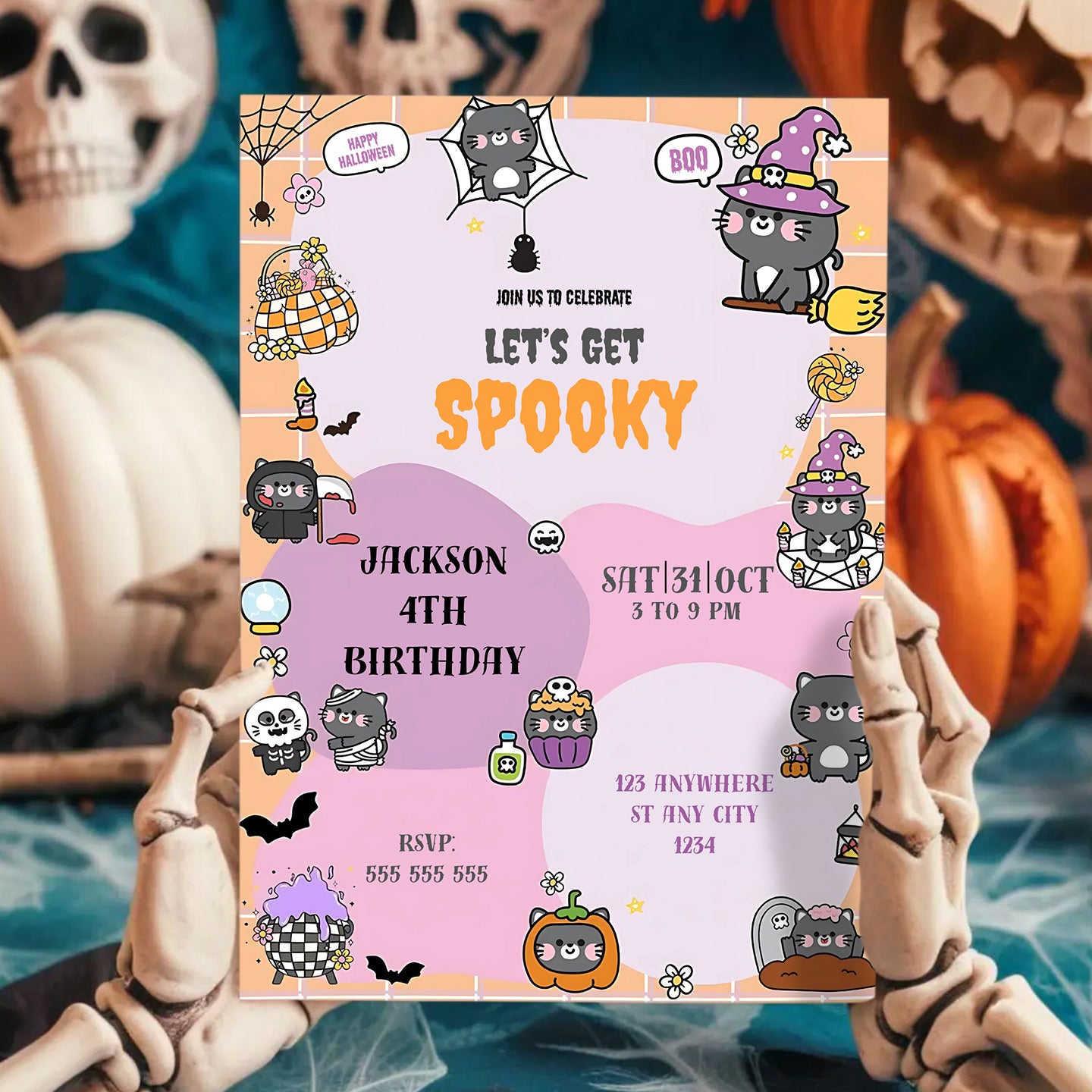 Bat Cat Halloween Birthday Party Invitation - CreativeRino