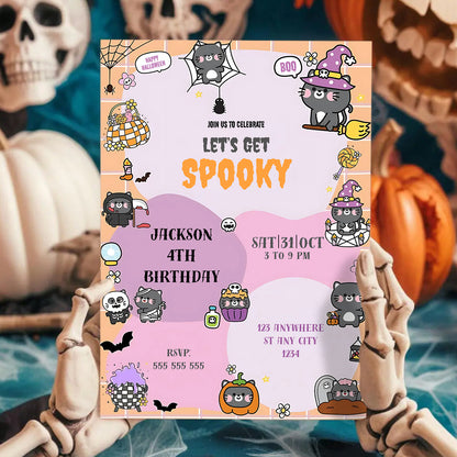 Bat Cat Halloween Birthday Party Invitation - CreativeRino