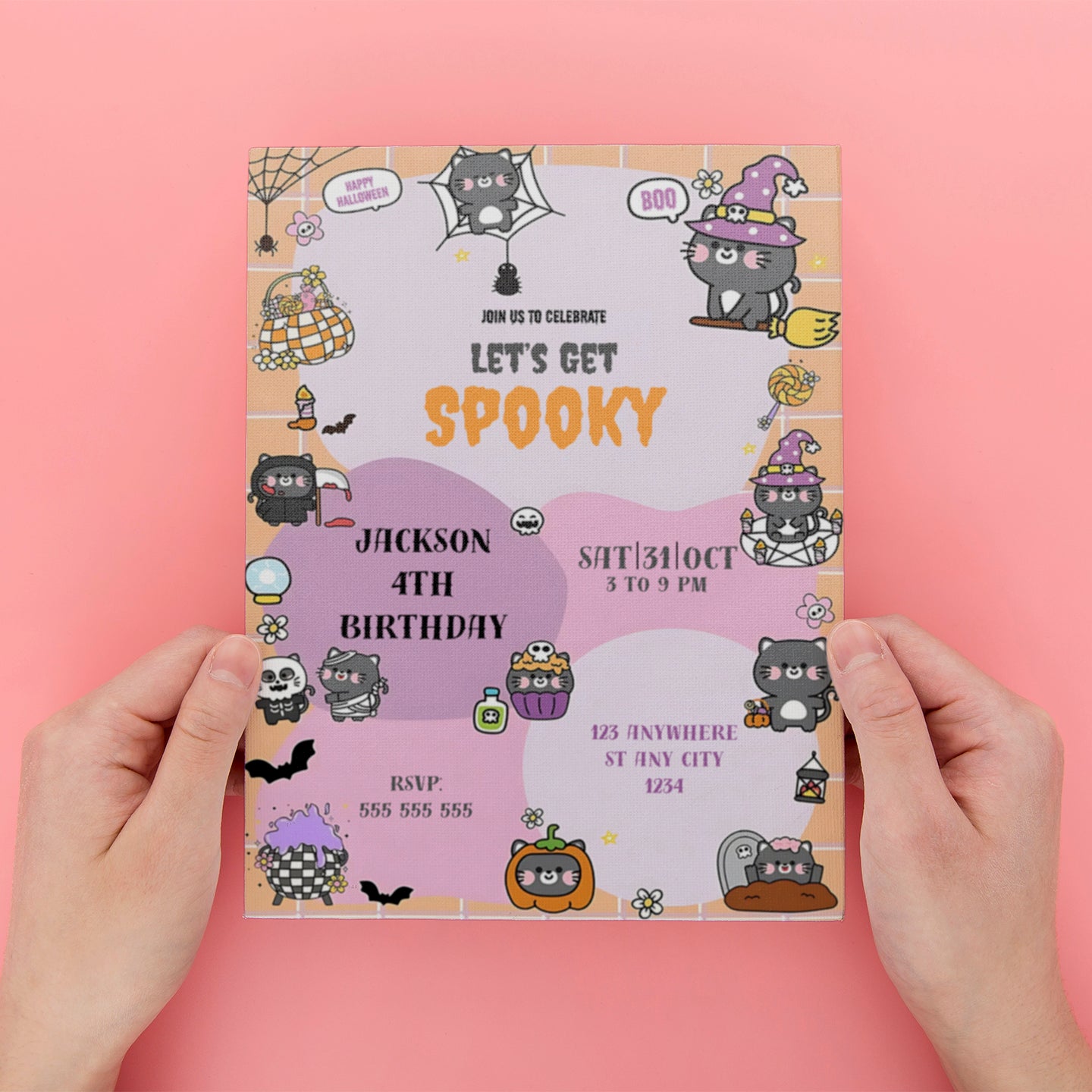 Bat Cat Halloween Birthday Party Invitation - CreativeRino