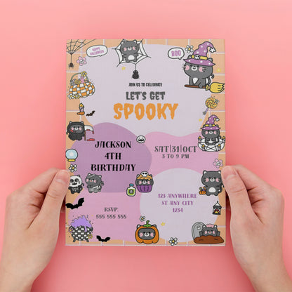 Bat Cat Halloween Birthday Party Invitation - CreativeRino