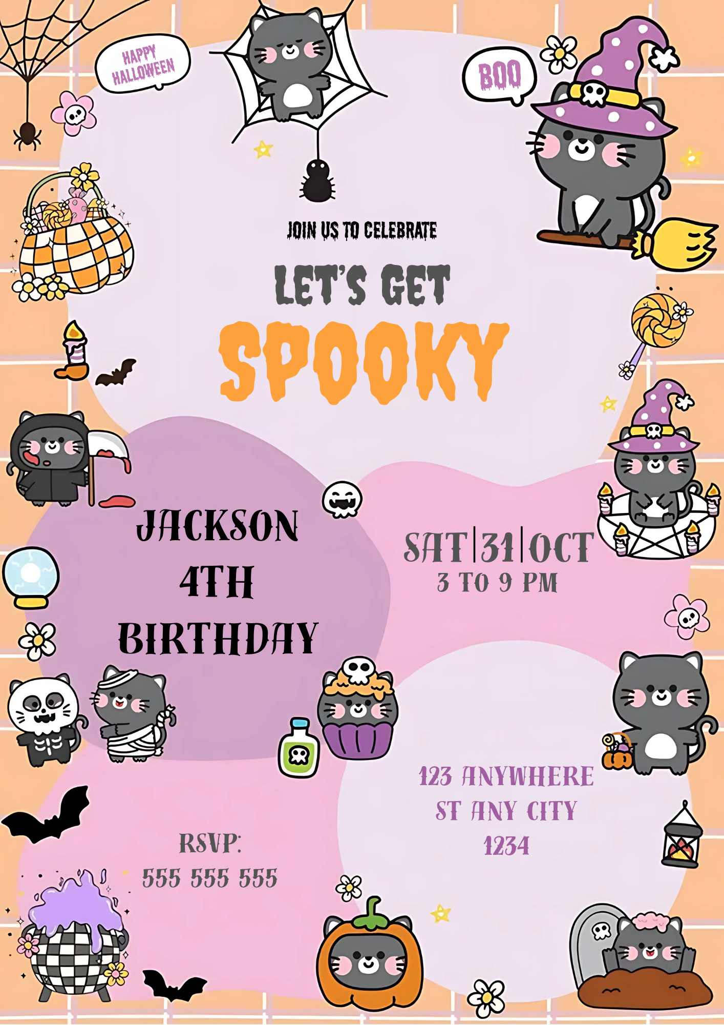 Bat Cat Halloween Birthday Party Invitation - CreativeRino