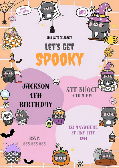 Bat Cat Halloween Birthday Party Invitation - CreativeRino