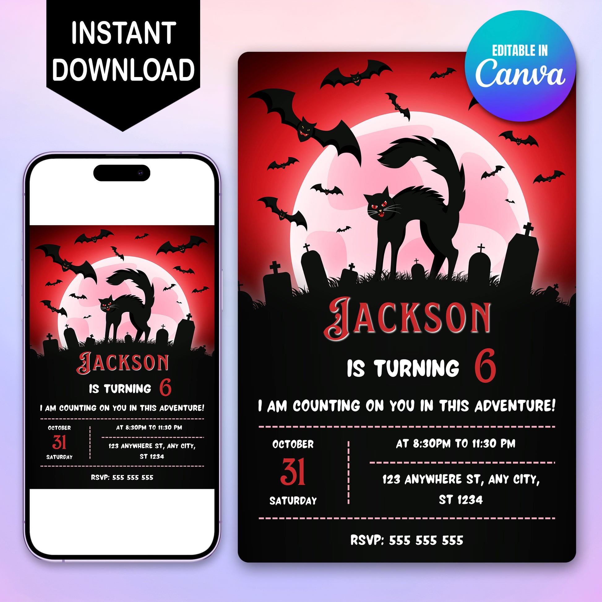 Bat Cat Halloween Birthday Party Invitation - CreativeRino