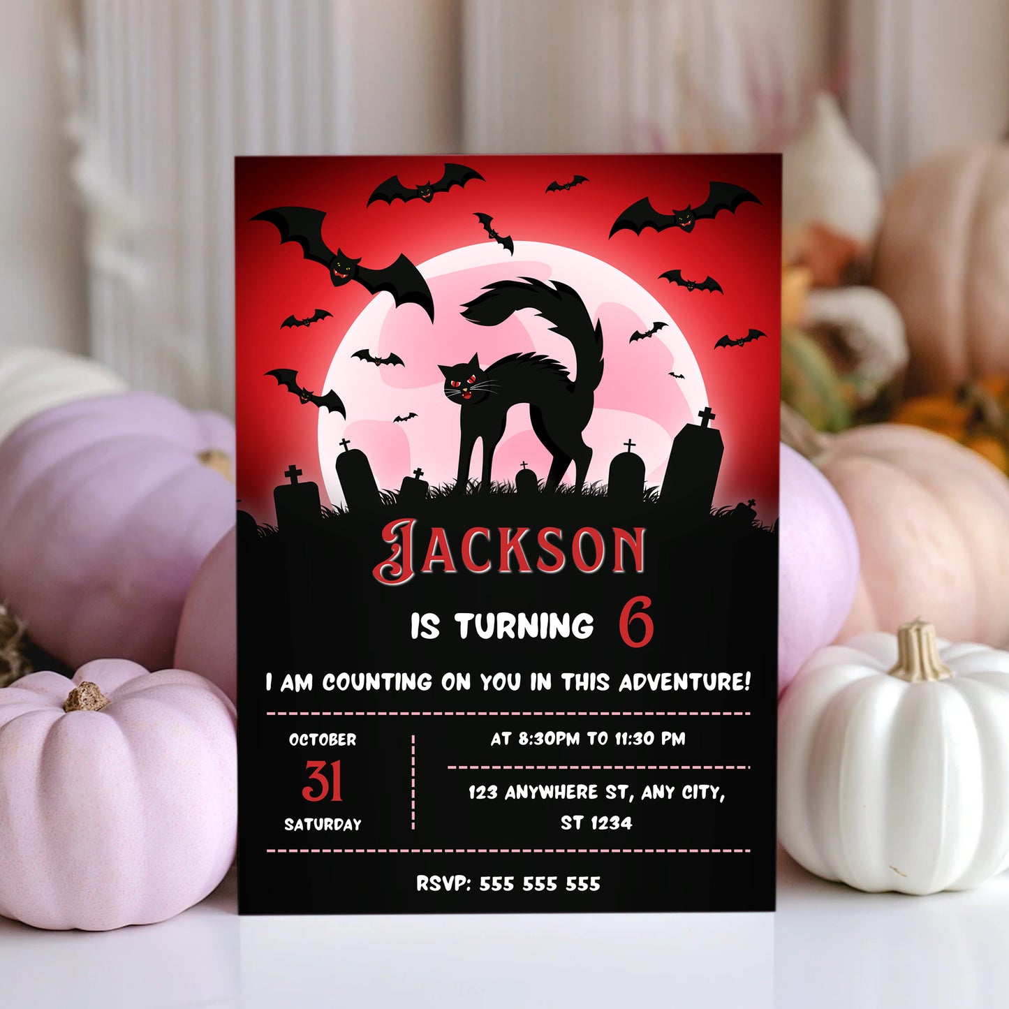 Bat Cat Halloween Birthday Party Invitation - CreativeRino