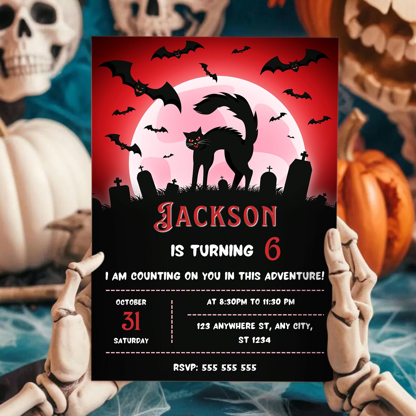 Bat Cat Halloween Birthday Party Invitation - CreativeRino