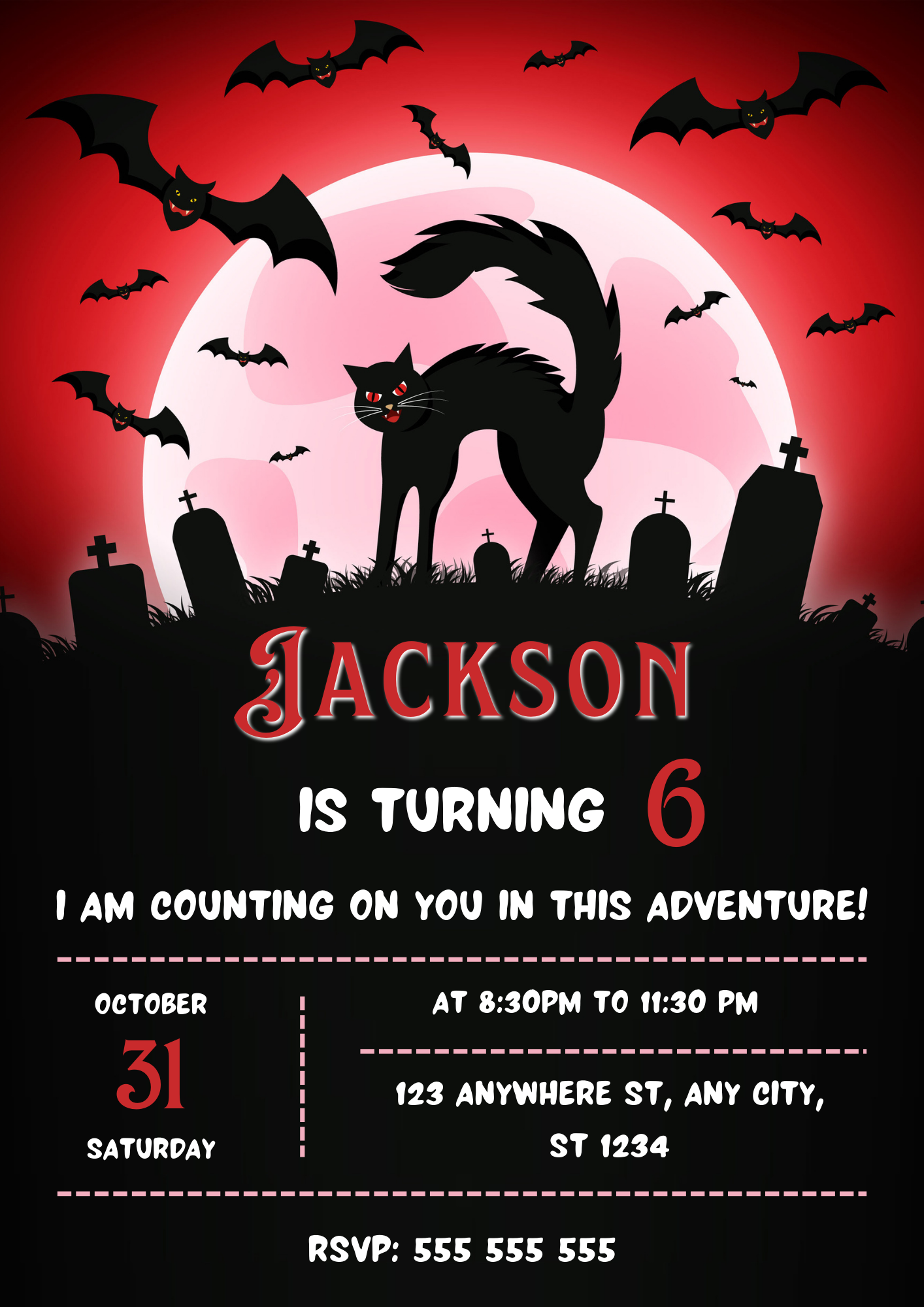 Bat Cat Halloween Birthday Party Invitation - CreativeRino