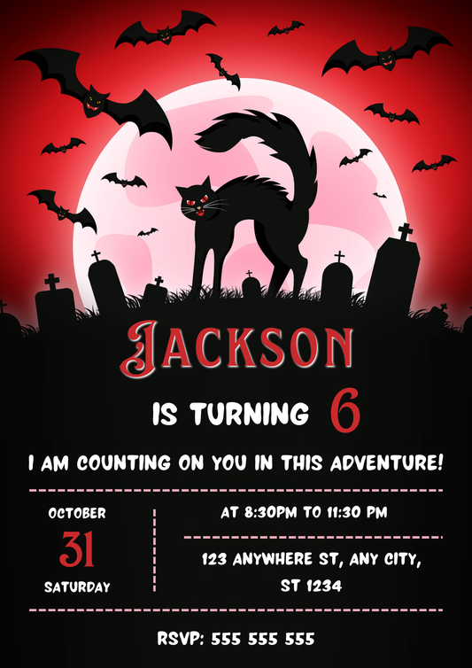 Bat Cat Halloween Birthday Party Invitation - CreativeRino