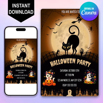 Bat Cat Halloween Party Invitation - CreativeRino