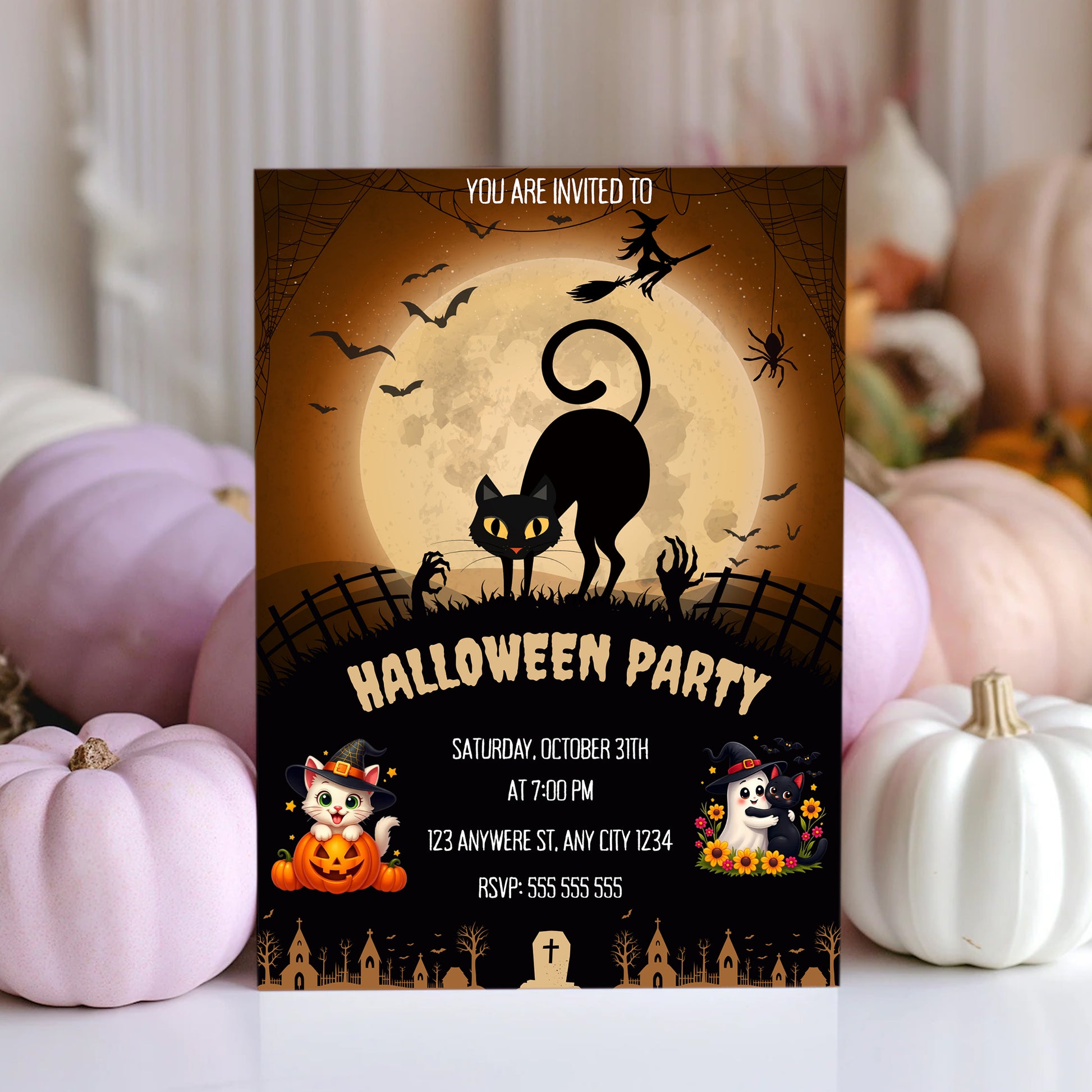 Bat Cat Halloween Party Invitation - CreativeRino