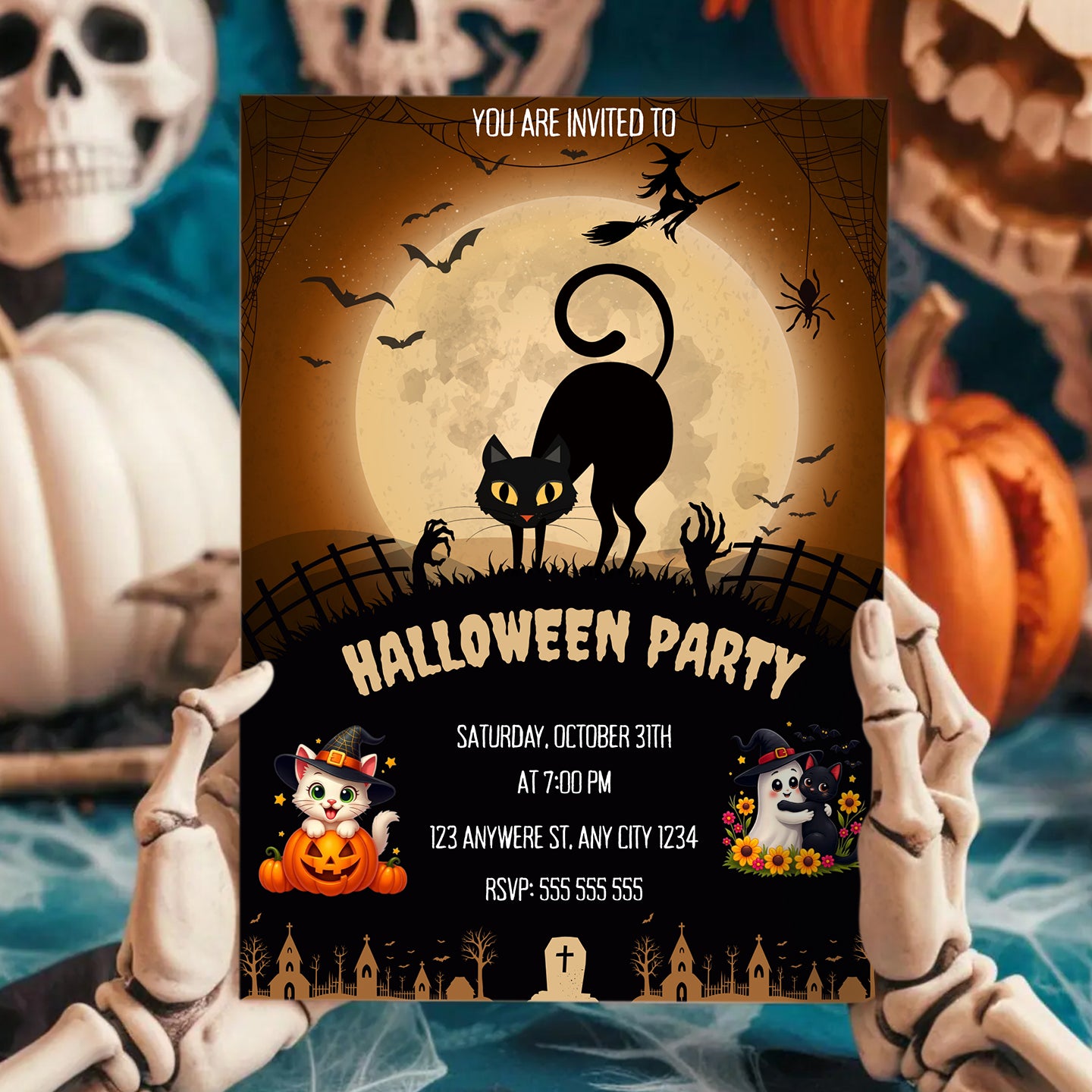 Bat Cat Halloween Party Invitation - CreativeRino
