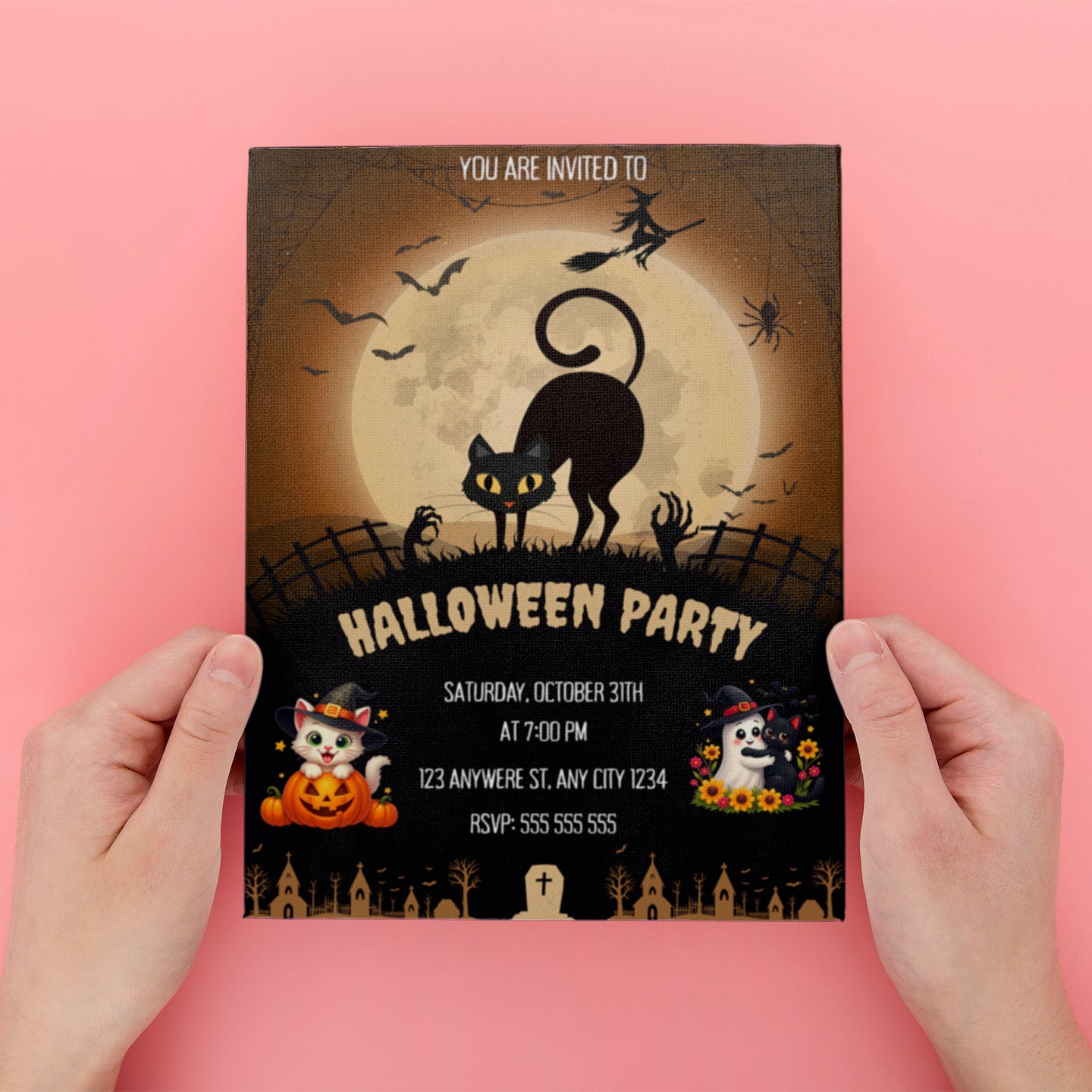 Bat Cat Halloween Party Invitation - CreativeRino