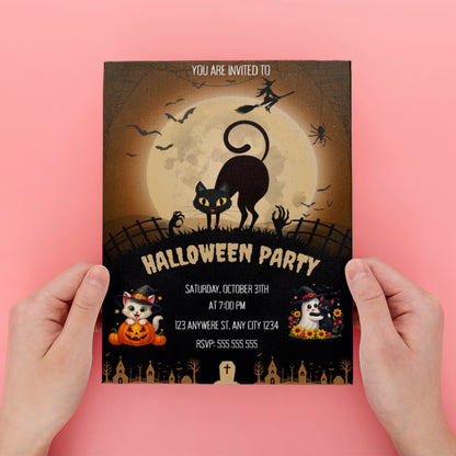 Bat Cat Halloween Party Invitation - CreativeRino