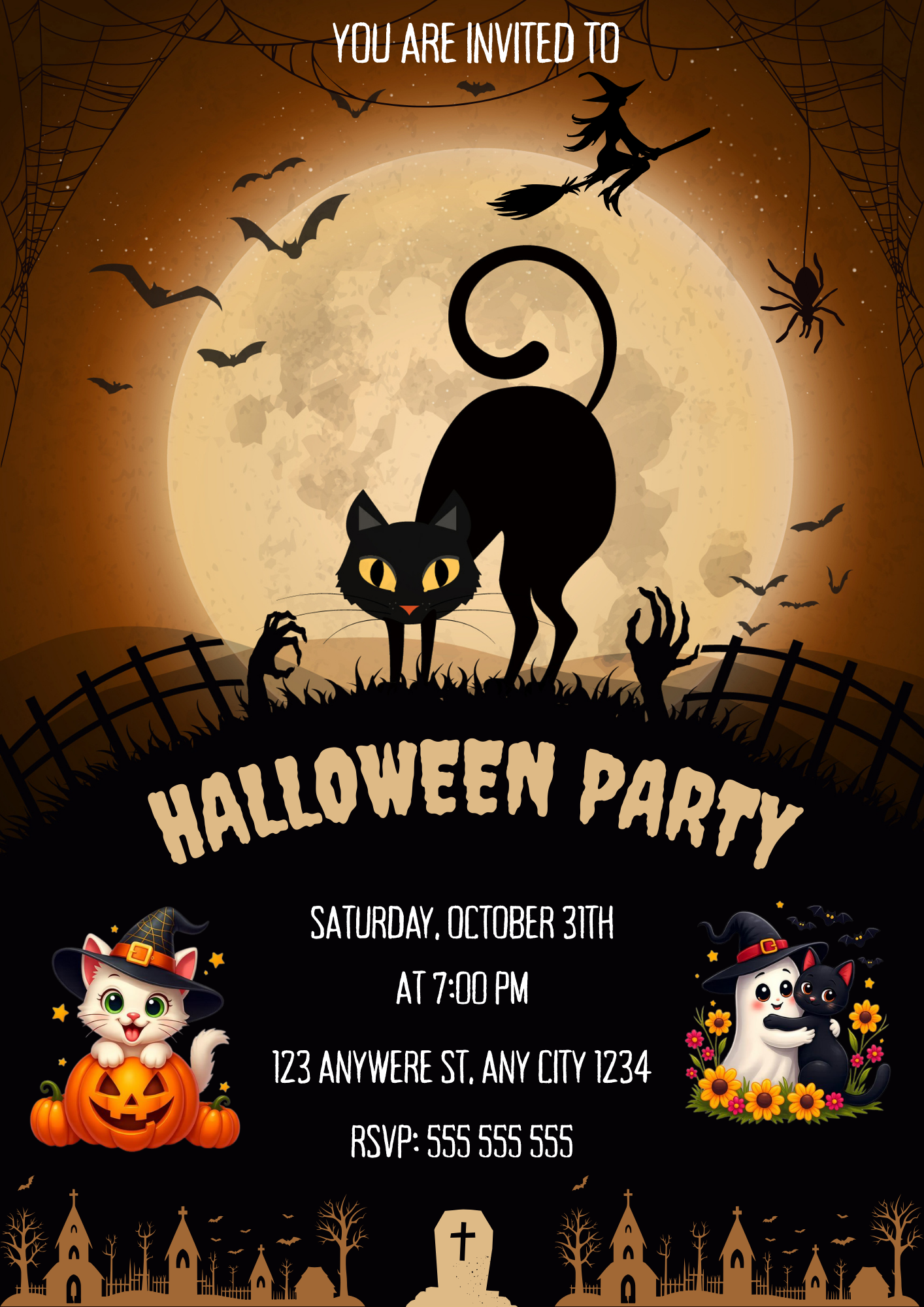 Bat Cat Halloween Party Invitation - CreativeRino
