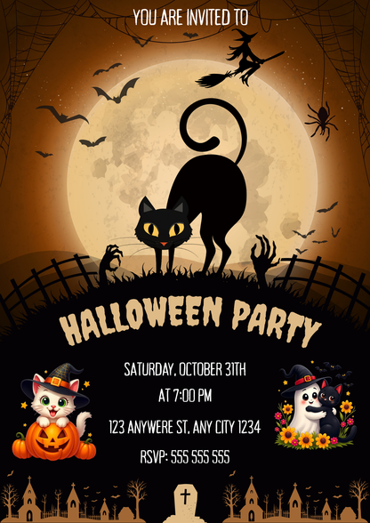 Bat Cat Halloween Party Invitation - CreativeRino