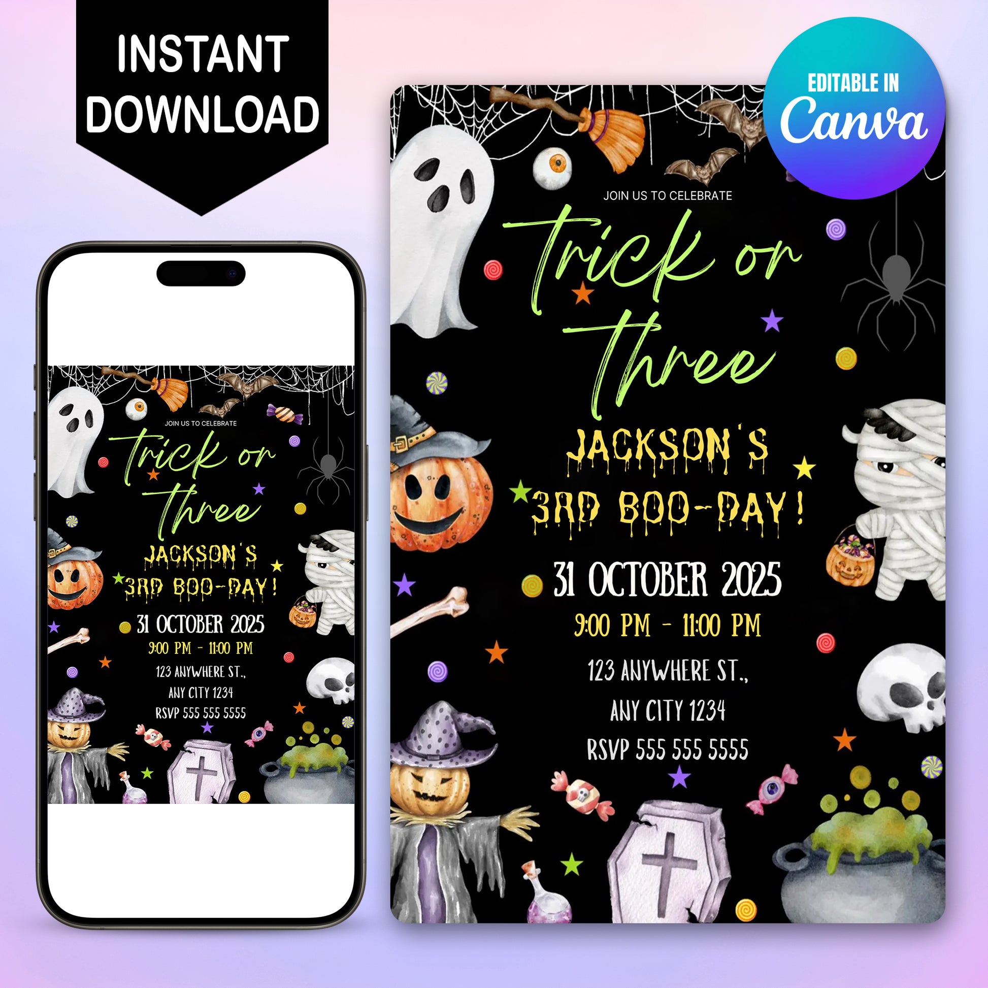 Trick Or Three Ghost Halloween Birthday Invitation - CreativeRino
