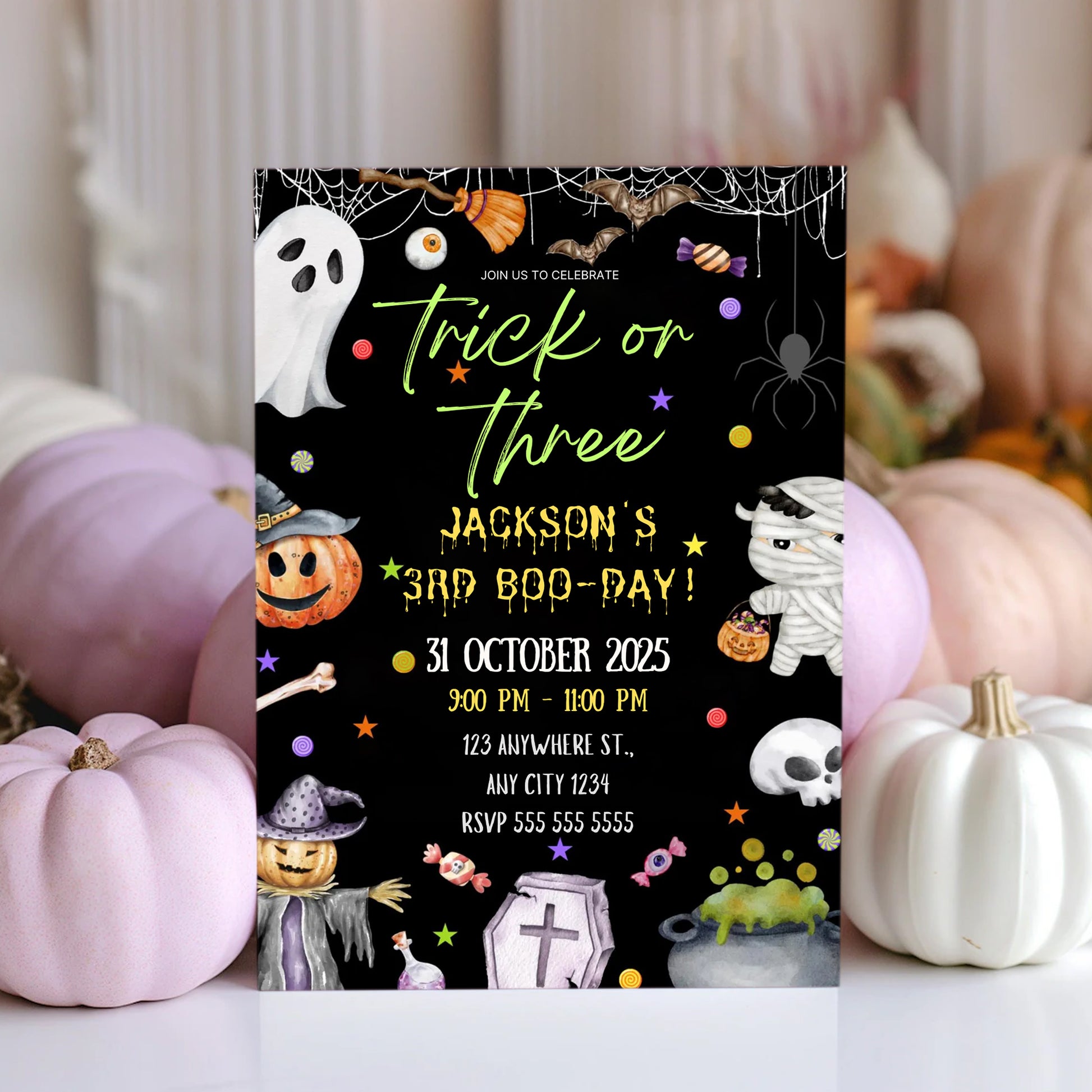 Trick Or Three Ghost Halloween Birthday Invitation - CreativeRino