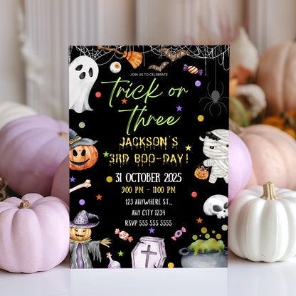 Trick Or Three Ghost Halloween Birthday Invitation - CreativeRino