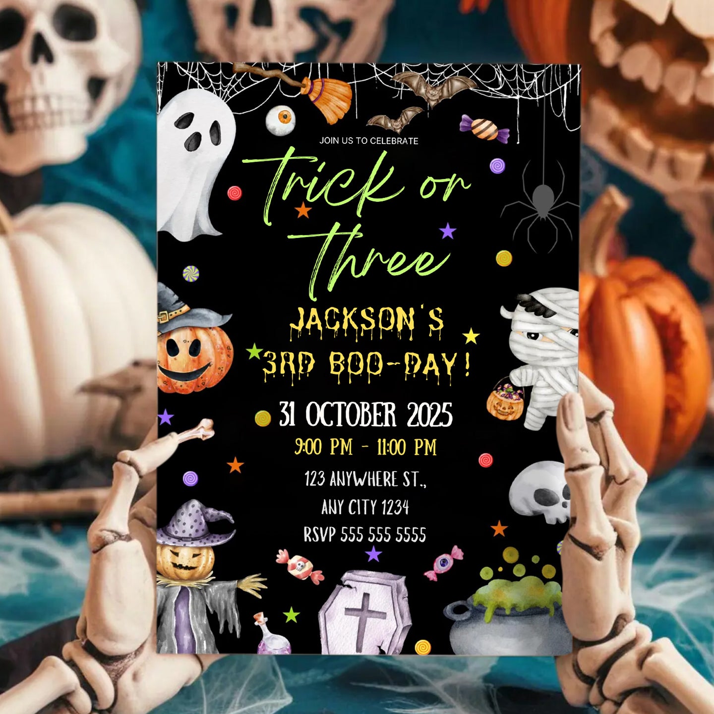 Trick Or Three Ghost Halloween Birthday Invitation - CreativeRino