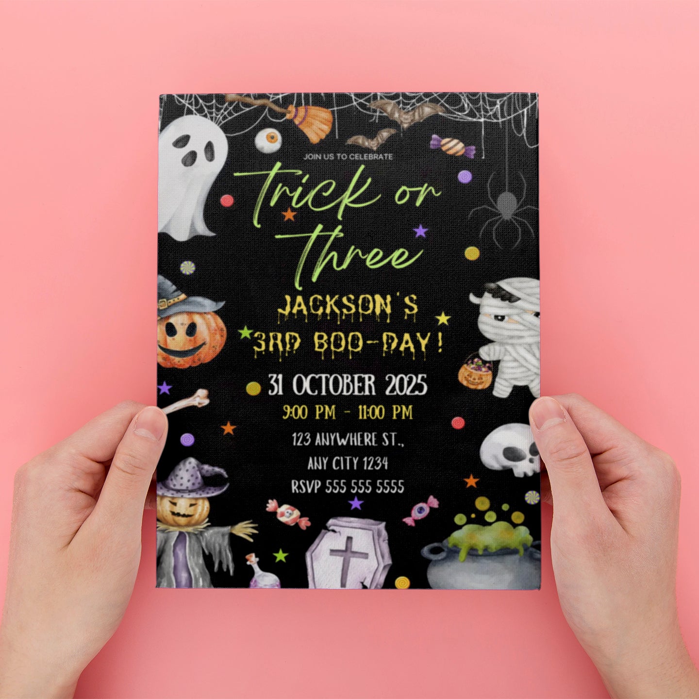 Trick Or Three Ghost Halloween Birthday Invitation - CreativeRino