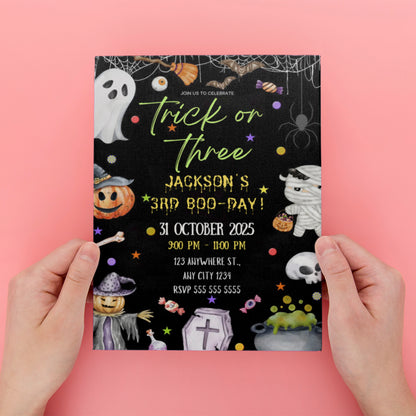 Trick Or Three Ghost Halloween Birthday Invitation - CreativeRino