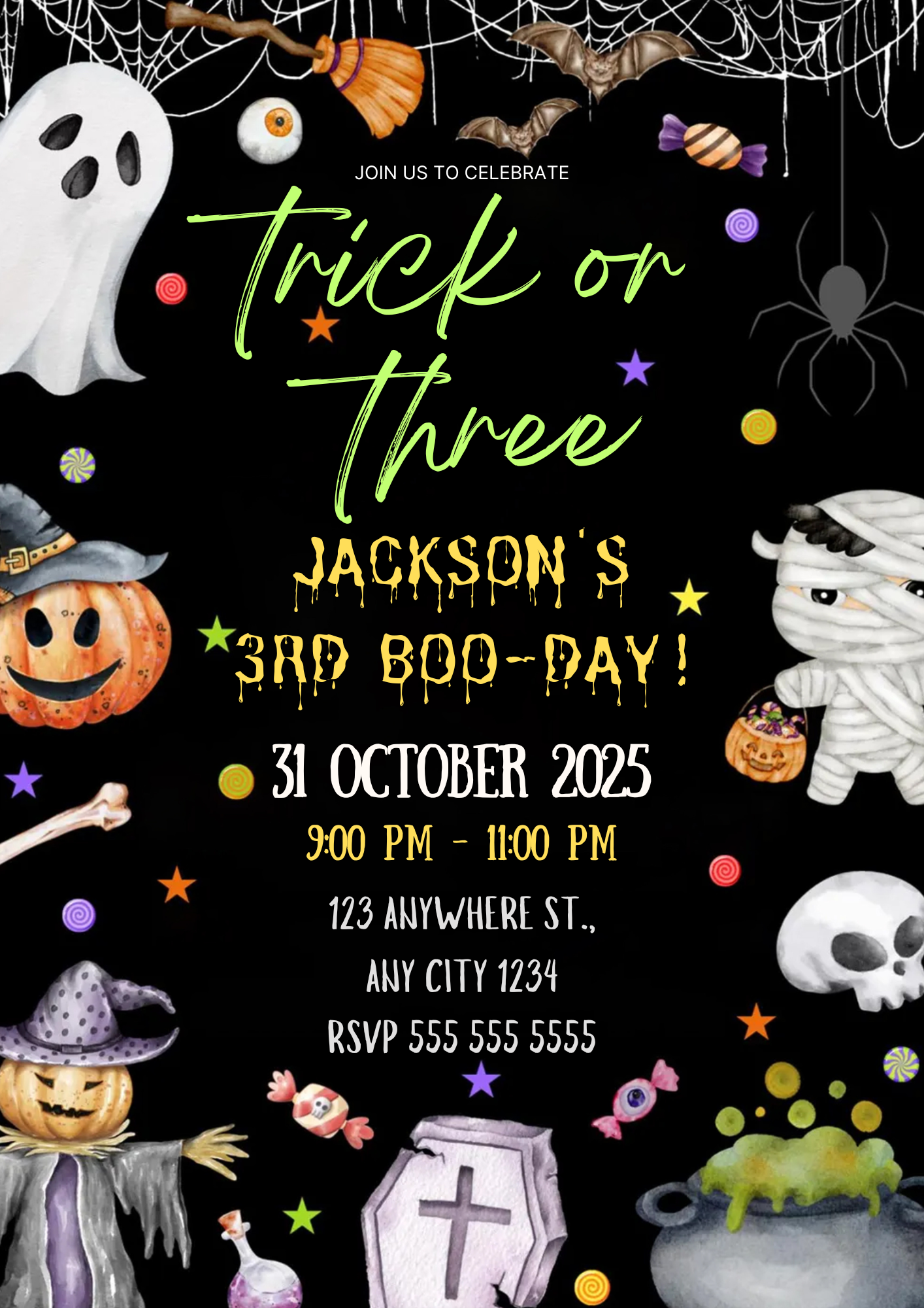 Trick Or Three Ghost Halloween Birthday Invitation - CreativeRino