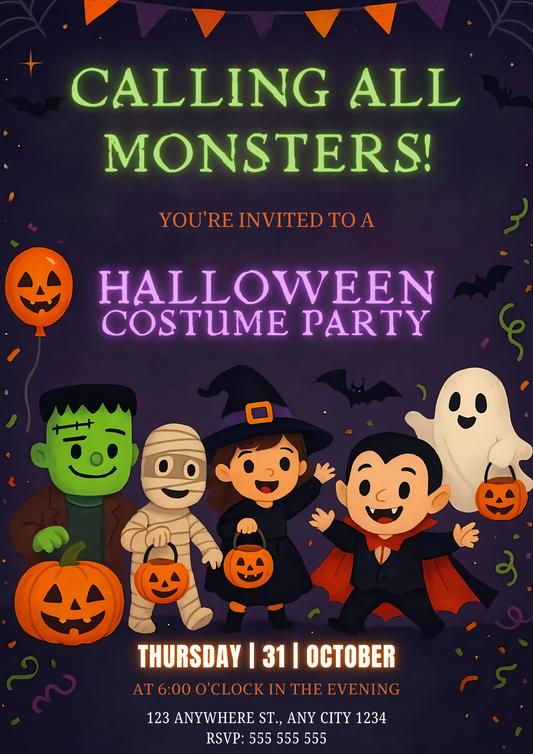 Calling All Monsters Halloween Costume Party Invitation - CreativeRino