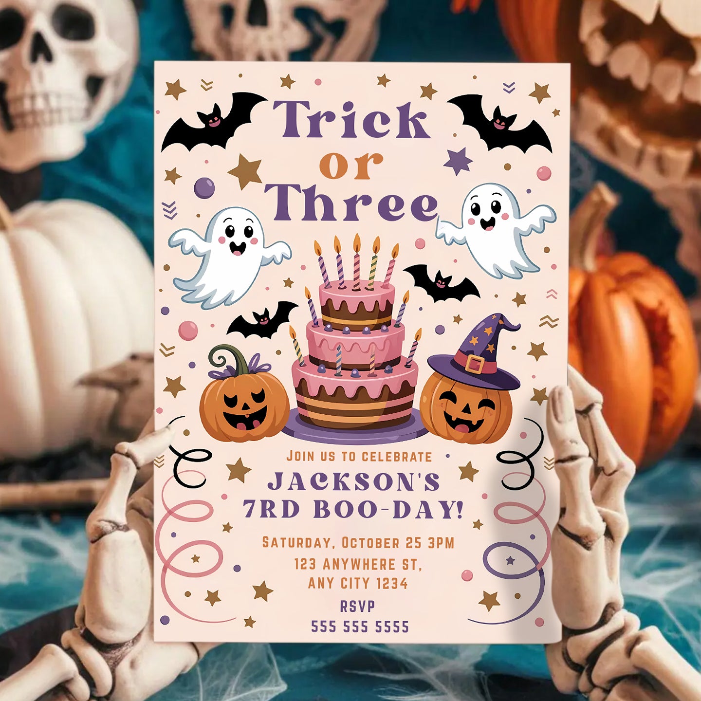 Trick or Three Halloween Birthday Invitation - CreativeRino
