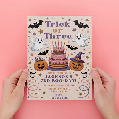 Trick or Three Halloween Birthday Invitation - CreativeRino