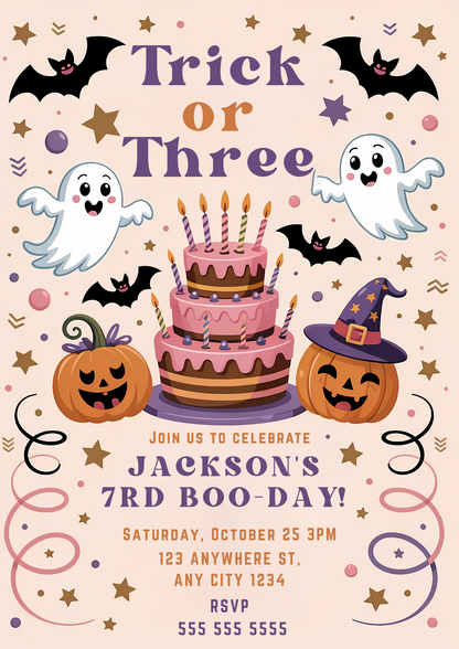 Trick or Three Halloween Birthday Invitation - CreativeRino