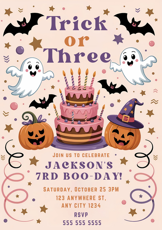 Trick or Three Halloween Birthday Invitation - CreativeRino