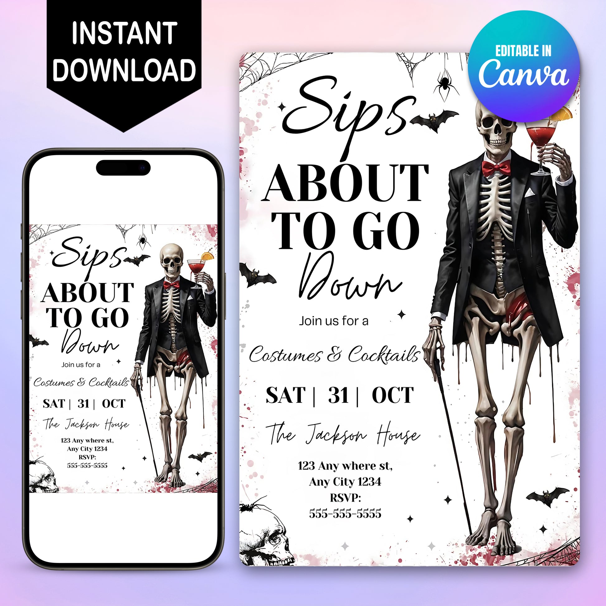 Sips About to Go Down Skeleton Halloween Party Invitation - CreativeRino