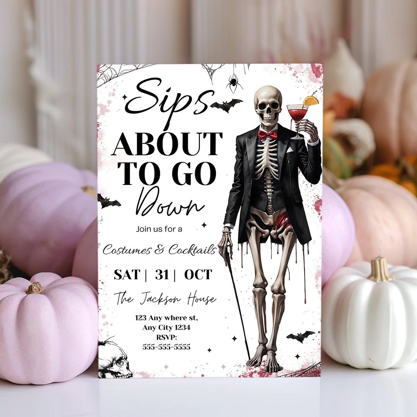 Sips About to Go Down Skeleton Halloween Party Invitation - CreativeRino