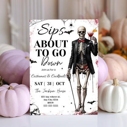 Sips About to Go Down Skeleton Halloween Party Invitation - CreativeRino