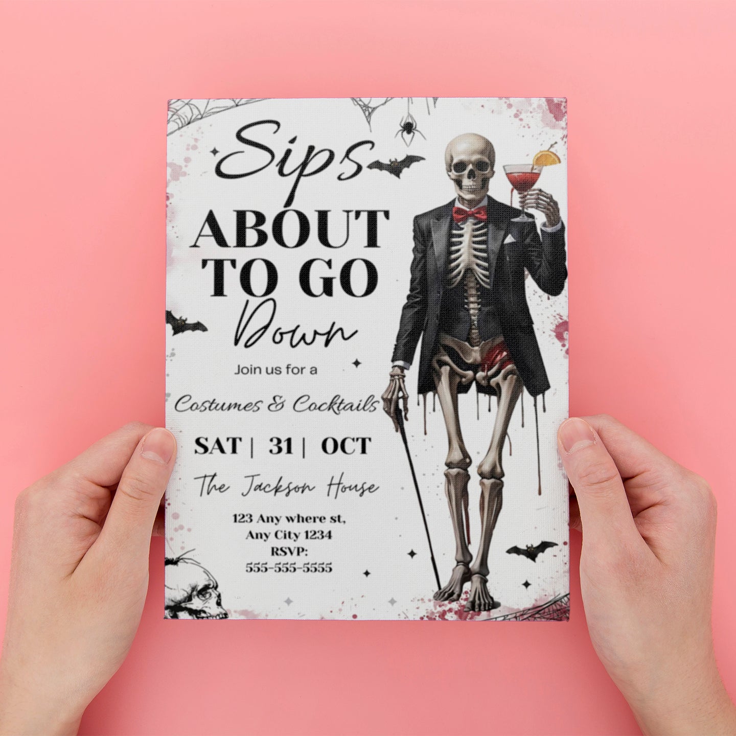 Sips About to Go Down Skeleton Halloween Party Invitation - CreativeRino
