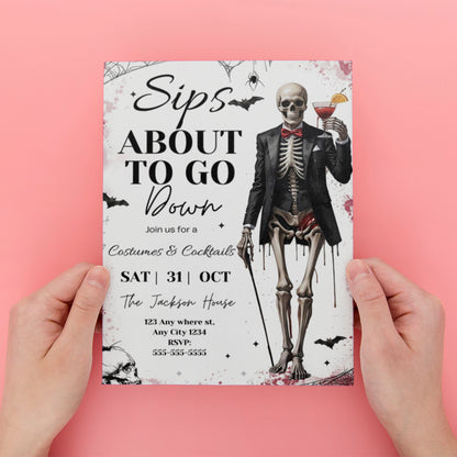 Sips About to Go Down Skeleton Halloween Party Invitation - CreativeRino