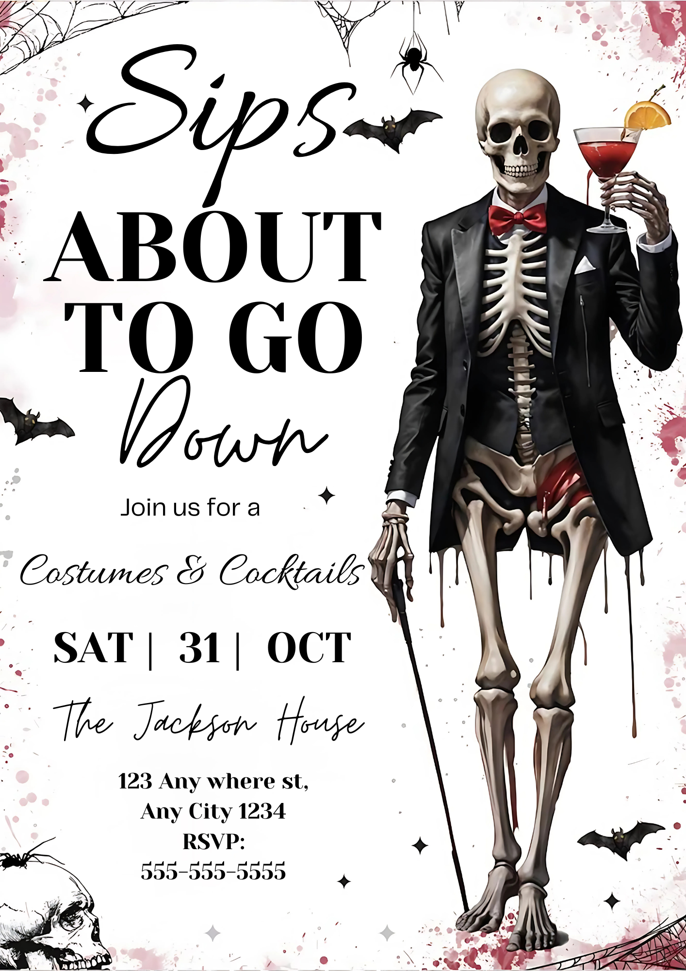 Sips About to Go Down Skeleton Halloween Party Invitation - CreativeRino