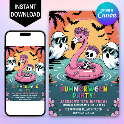 Summerween Party Invite Hot Ghoul Summer Pool Party Invitation - CreativeRino