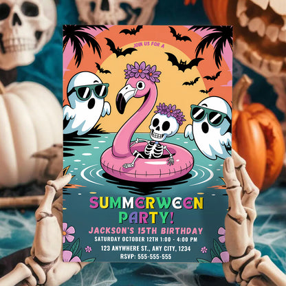 Summerween Party Invite Hot Ghoul Summer Pool Party Invitation - CreativeRino