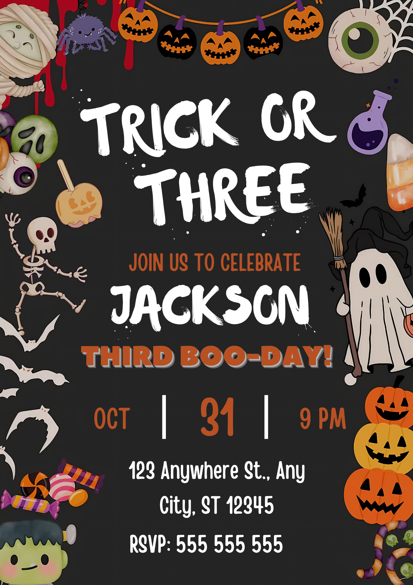 Spooky Trick or Three Halloween Party Invitation - CreativeRino