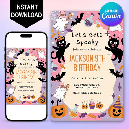 Cat Halloween Birthday Invitation - CreativeRino