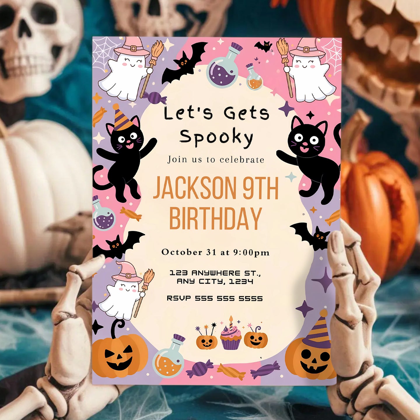 Cat Halloween Birthday Invitation - CreativeRino