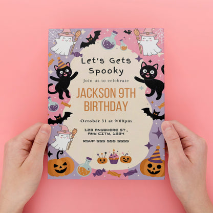 Cat Halloween Birthday Invitation - CreativeRino